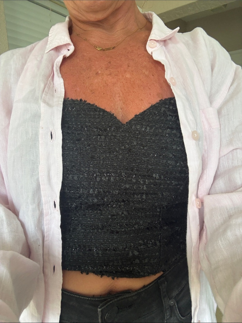 Express Black Textured Cropped Strapless Camisole with Pink Shirt Layer